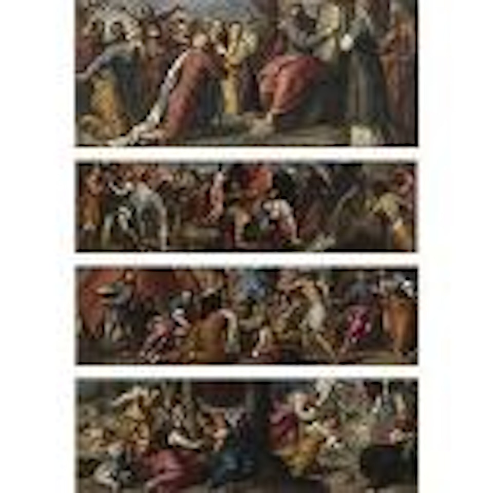 Moses and the flock of quails. Gathering of manna. Moses drawing water from rock. Mo by Jacopo Palma il Giovane