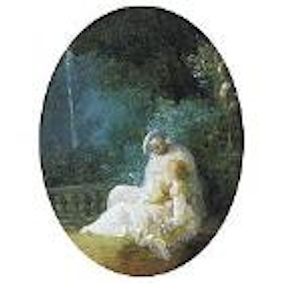 Young woman with Harlequin in lush park by Jean Frédéric Schall