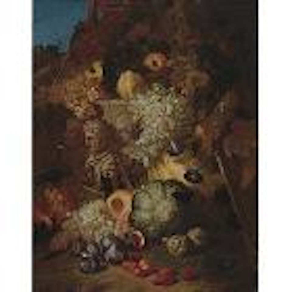 Still life of fruit in landscape with fragment of bas-relief by Abraham Brueghel