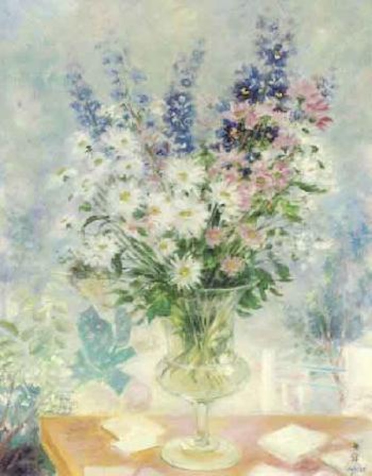 Vase of flowers in blue background by Le Pho
