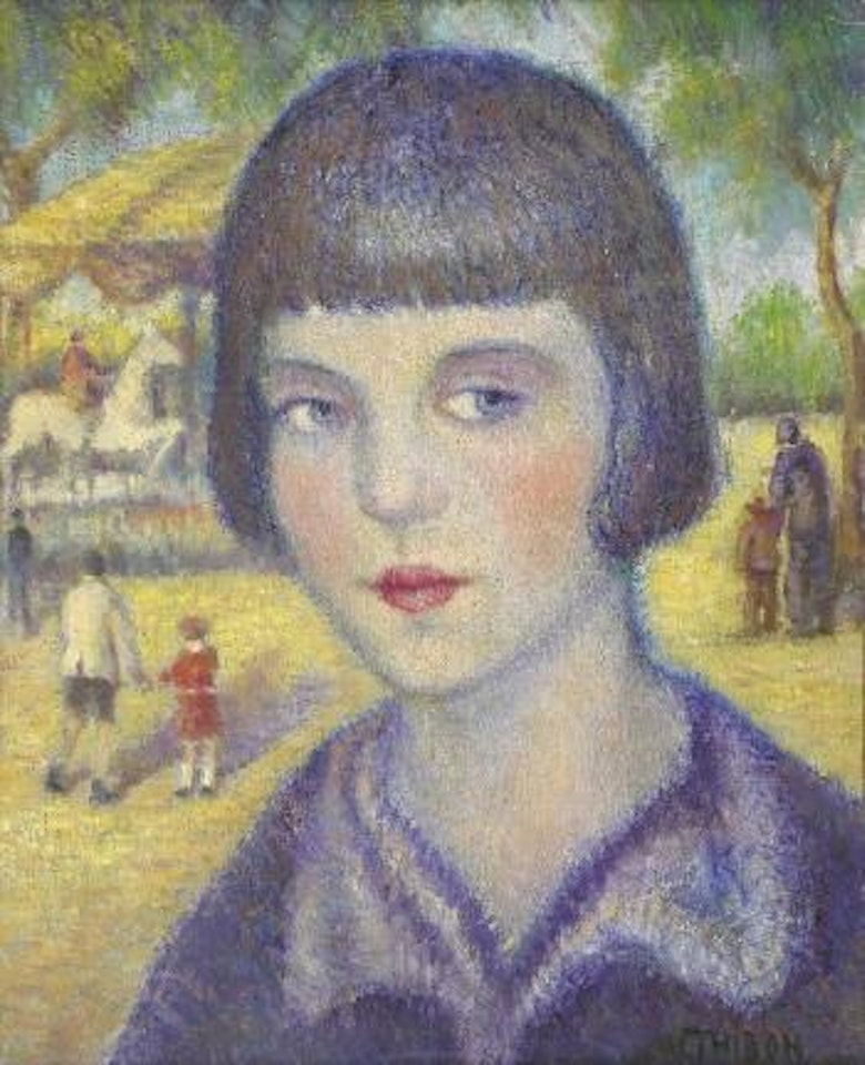 Portrait of a girl, carousel in the background by Valentín Thibon de Libian