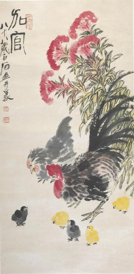 Chickens and coxcomb flowers by Qi Baishi