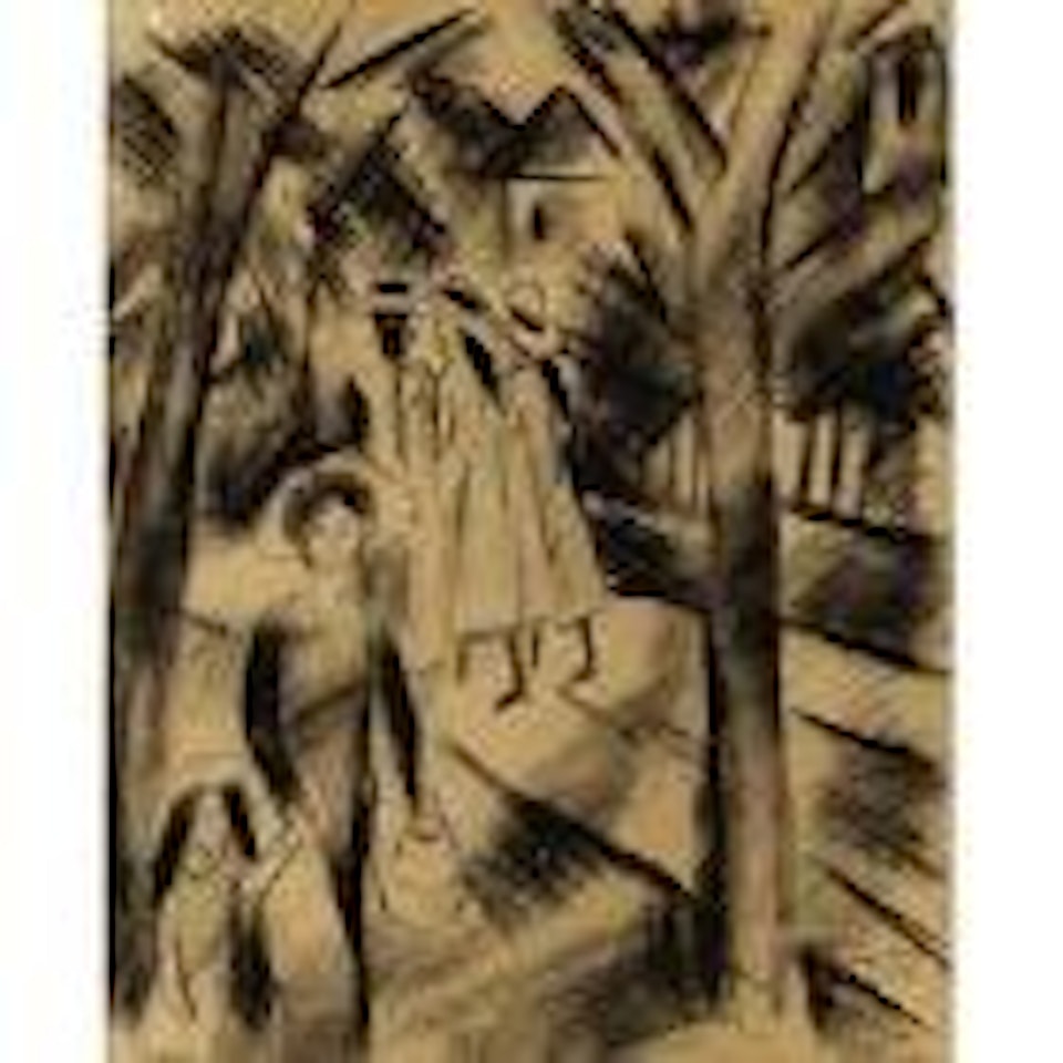 Woman with child and girls on road by August Macke