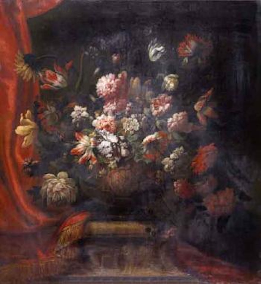 Fleurs dans un vase en terre cuite sur une plinthe ornee de putti by Jean Baptiste Monnoyer