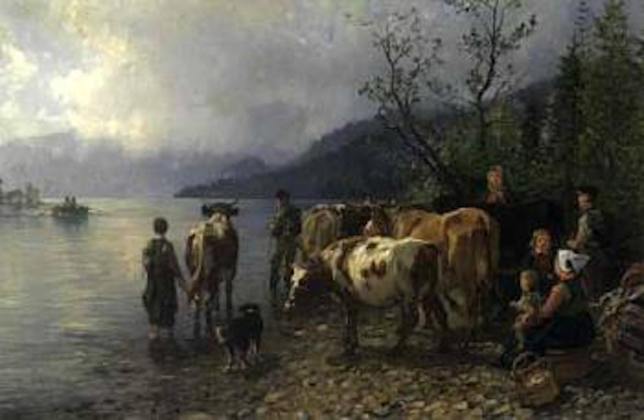 Family bringing cattle to watering place by Anders Monsen Askevold