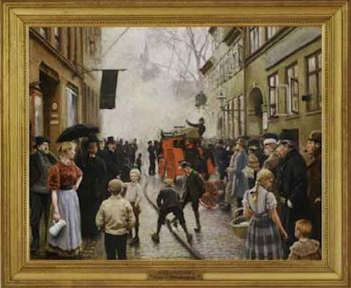 Fire in Skindergade with many figures watching by Paul Fischer