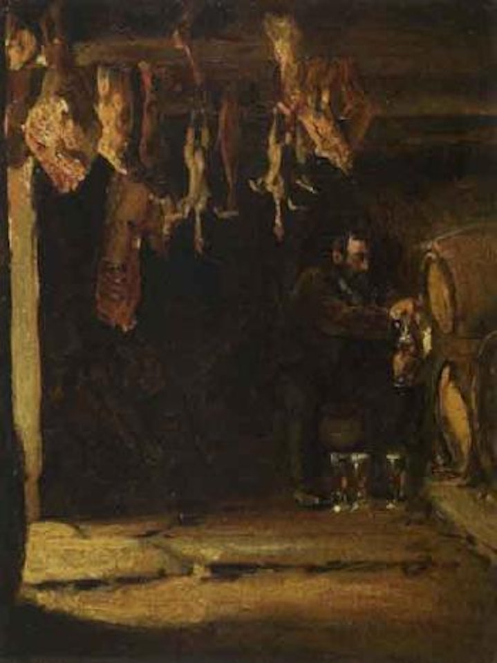 In a cellar in Concarneau, with man seated on barrel by Peder Severin Kröyer