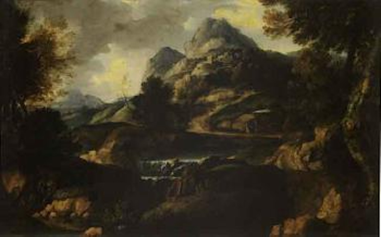 Mountain landscape with foaming river by Nicolas Poussin