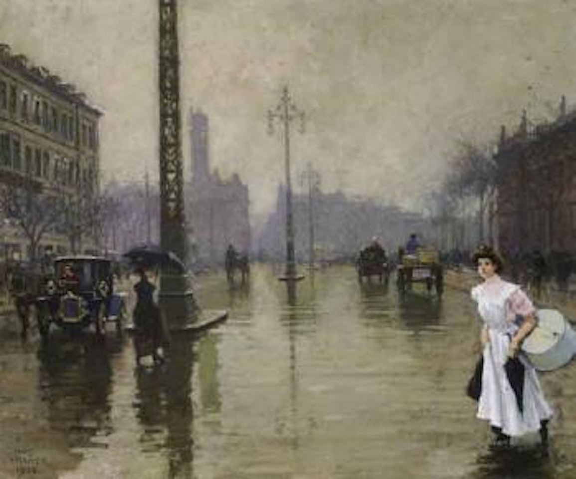 Vesterborgade, young girl crossing road in rain with large hat-box by Paul Fischer