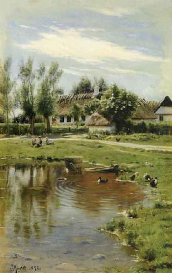 Summer landscape with village pond by Peder Mork Monsted