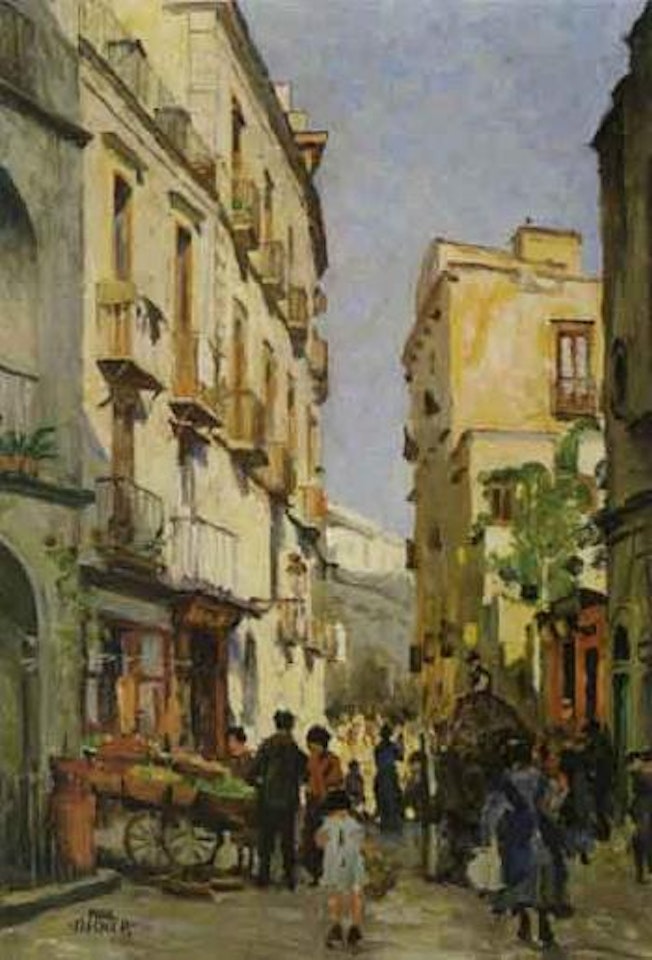 Italian street scene with vegetable cart by Paul Fischer