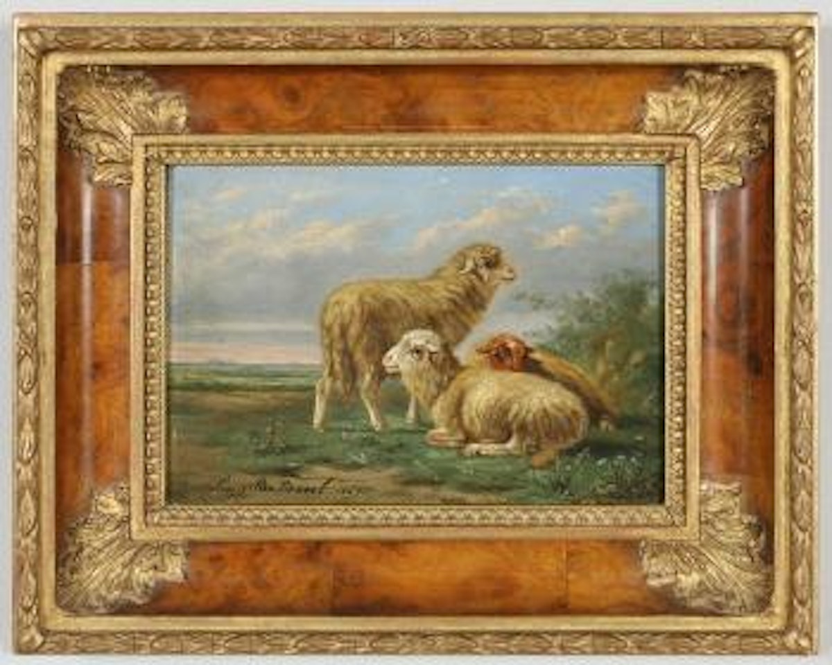 Pastoral landscape with three sheep by Frans de Beul
