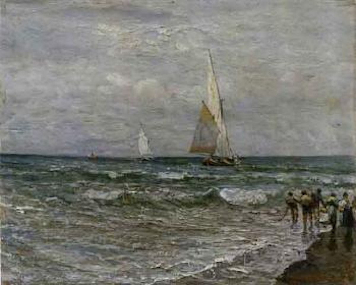 Fishermen on the seashore by Fausto Pratella