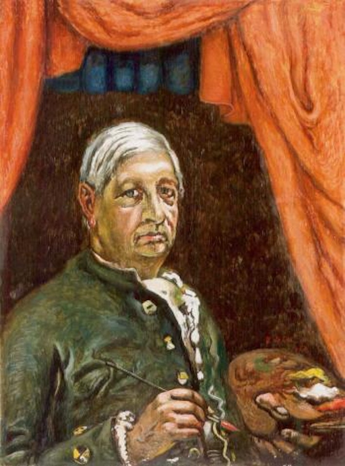 Self-portrait with palette and red curtain by Giorgio de Chirico