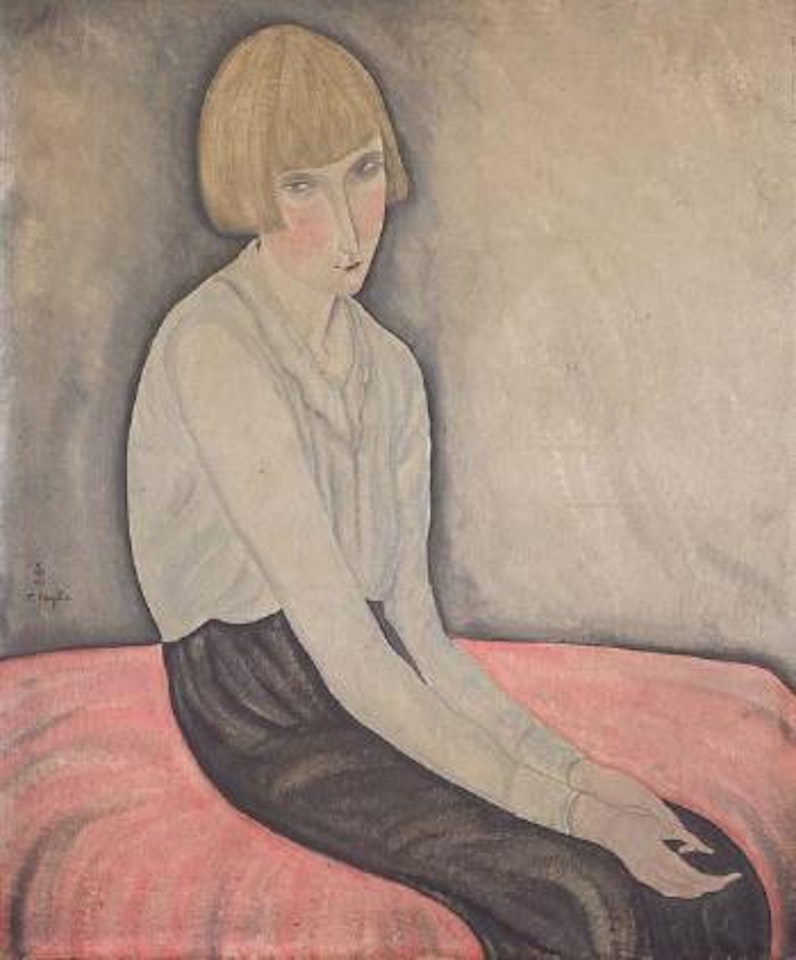 Jeune femme sur canape rose by Leonard Tsuguharu Foujita
