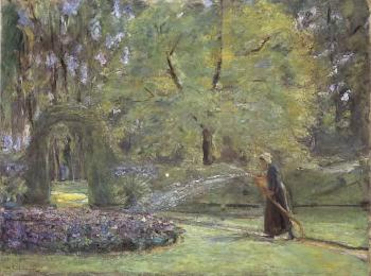 Woman watering a circular flower bed in the hedgerow garden by Max Liebermann