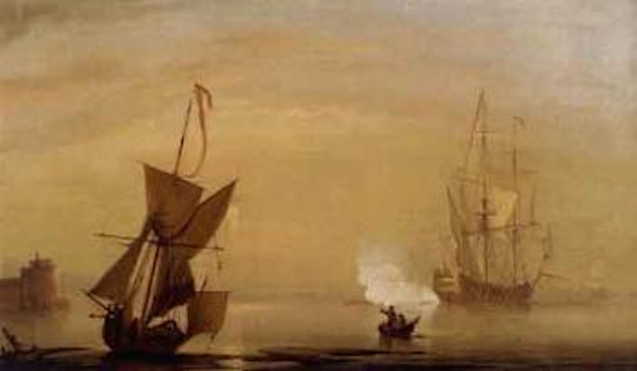 British man of war departing. East Indiaman signaling its arrival by Peter Monamy