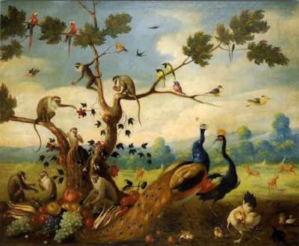 Paons et singes dans un paysage by Jan Van Kessel The Elder