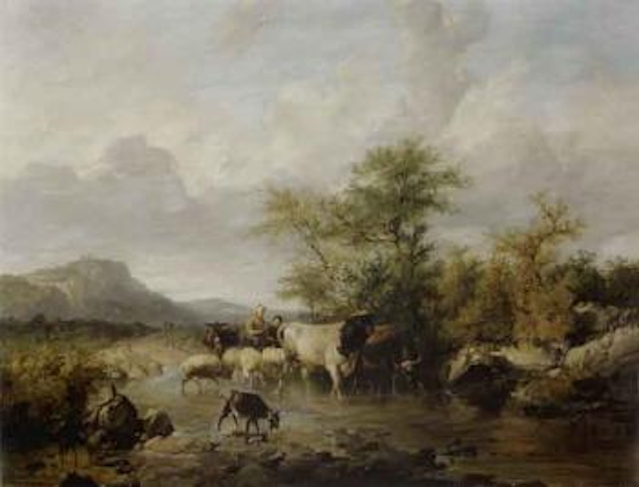 Cattle with herder drinking from stream by Thomas Sidney Cooper