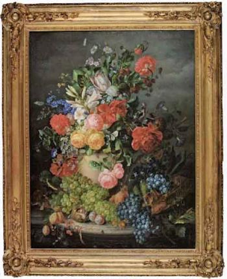 Still life of flowers and grapes by Amalie Kärcher