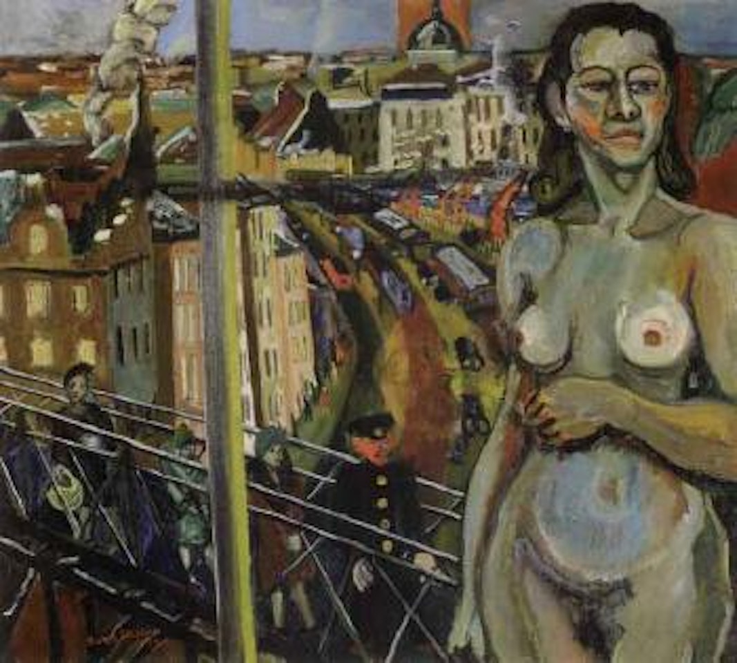 View from the studio towards Skeppsbron - with female nude by Sven Erixson