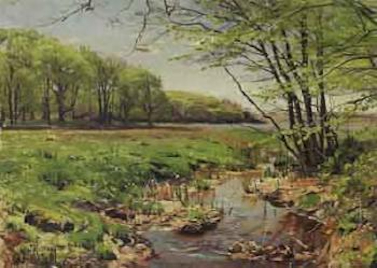 Spring landscape with stream by Peder Mork Monsted