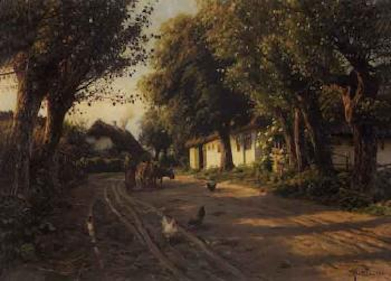 Village street with peasant girl and two cows by Peder Mork Monsted