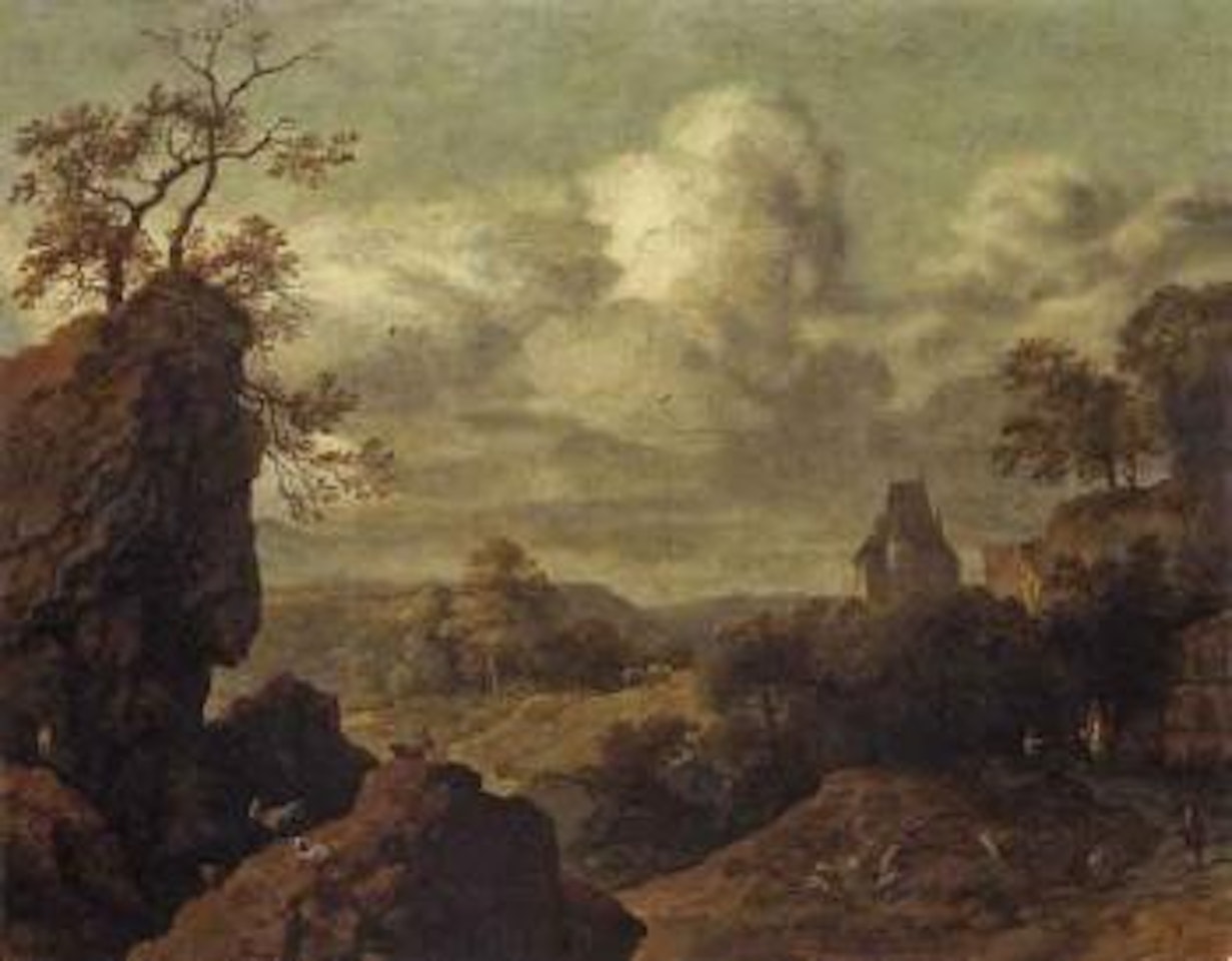 Rocky landscape with castle by Allart van Everdingen