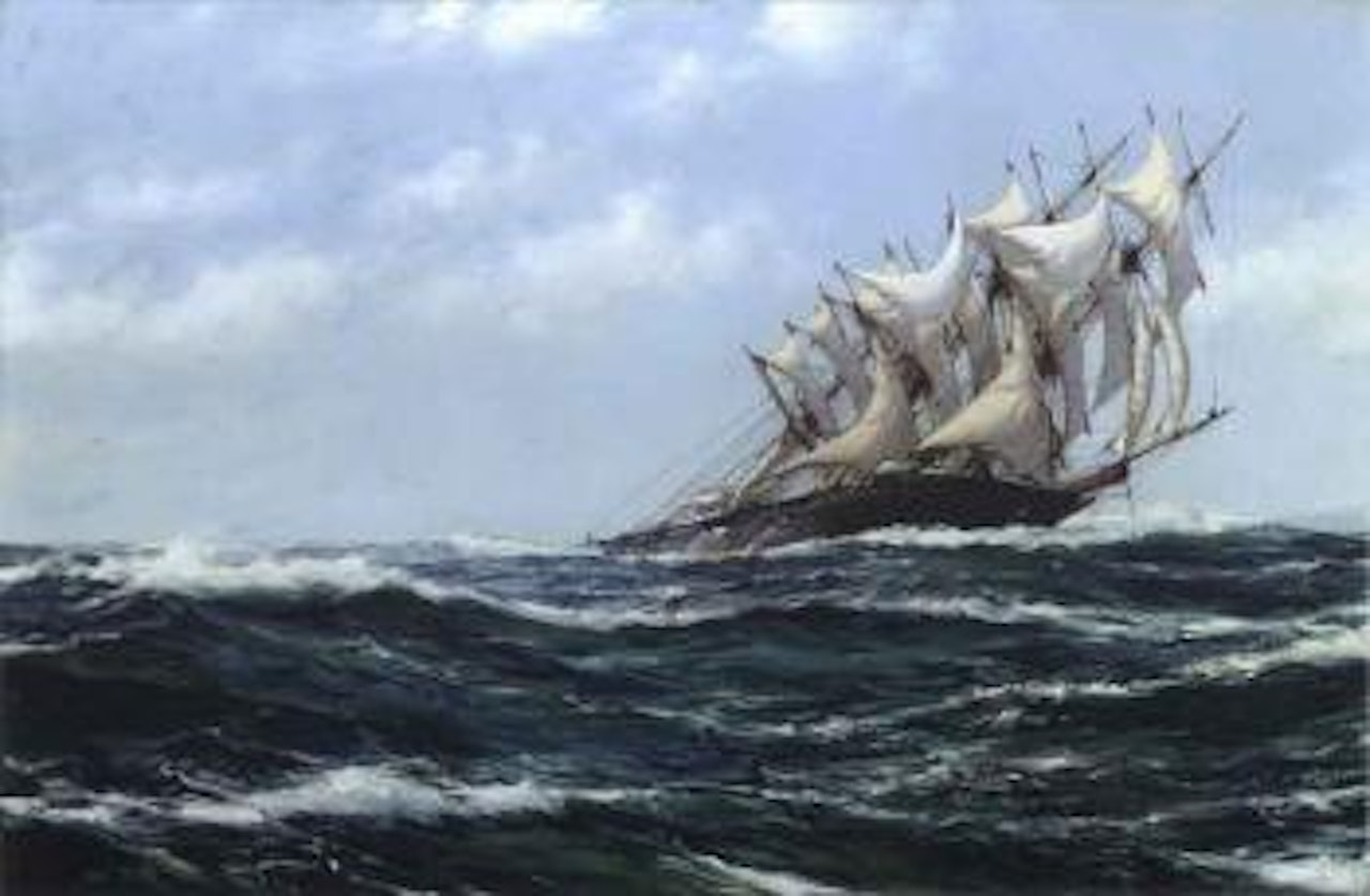 Reaching on a starboard tack as she battles through the ocean by Montague Dawson