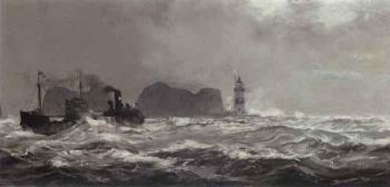 Coastal vessel battling with heavy seas by Montague Dawson