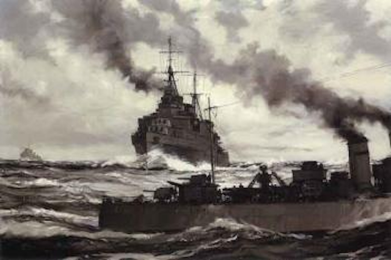 A modern cruiser in south-westerly weather by Montague Dawson