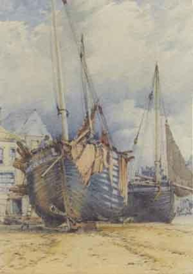 Boat and fishermen on the shore by William Callow