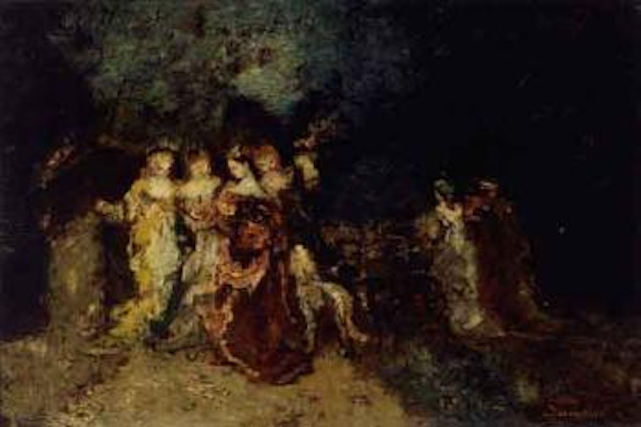 Elegant ladies and their dogs in a parkland by Adolphe Monticelli