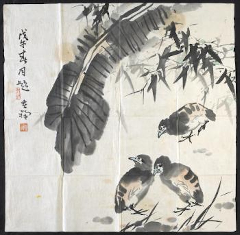 Birds under banana leaf by Li Kuchan