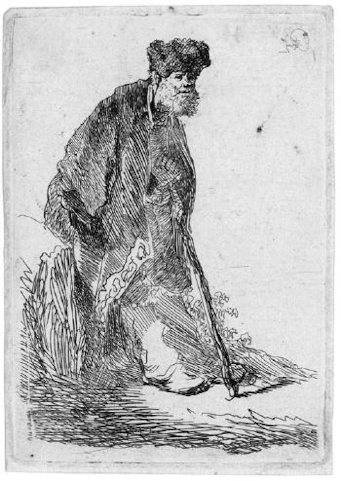 Bearded man leaning on stick by Attributed to Rembrandt Harmensz van Rijn