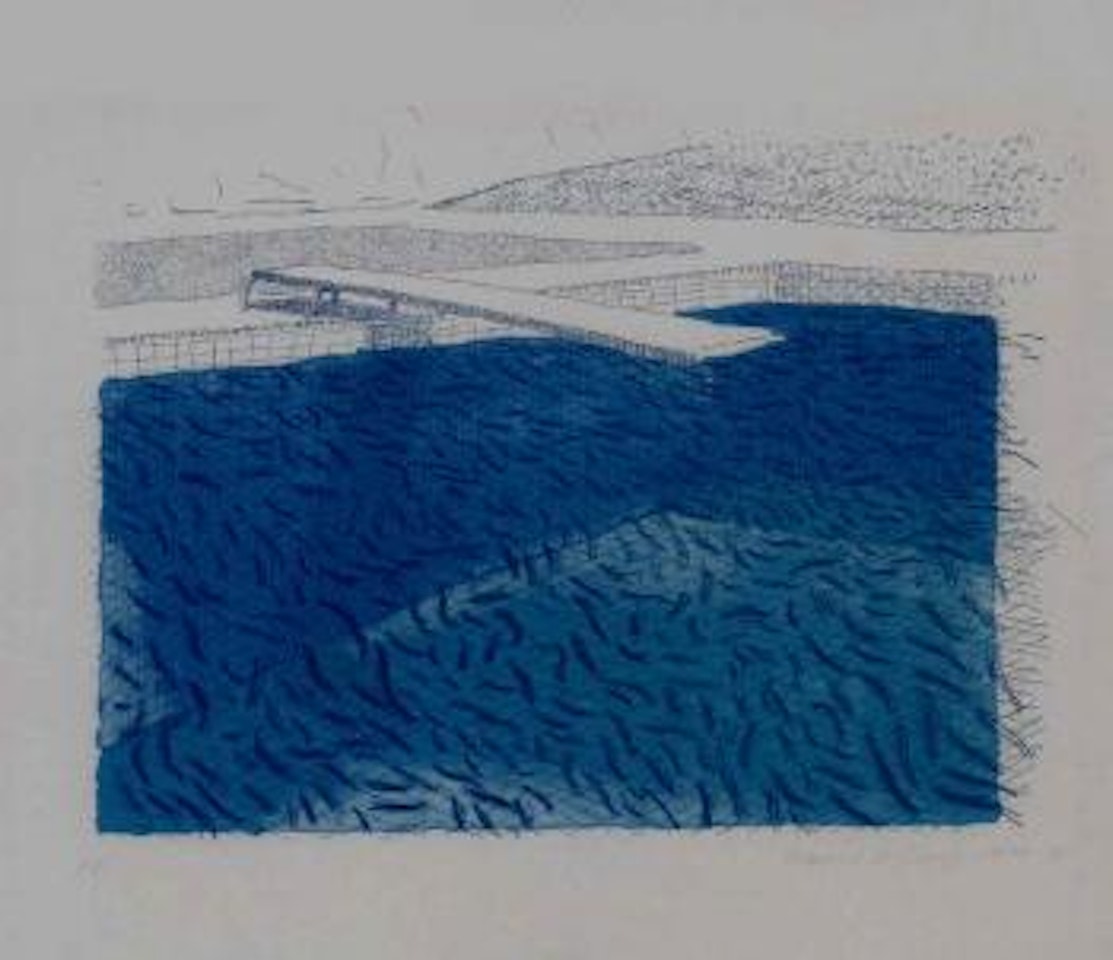 Water made of lines, crayon and two blue washes without green wash by David Hockney