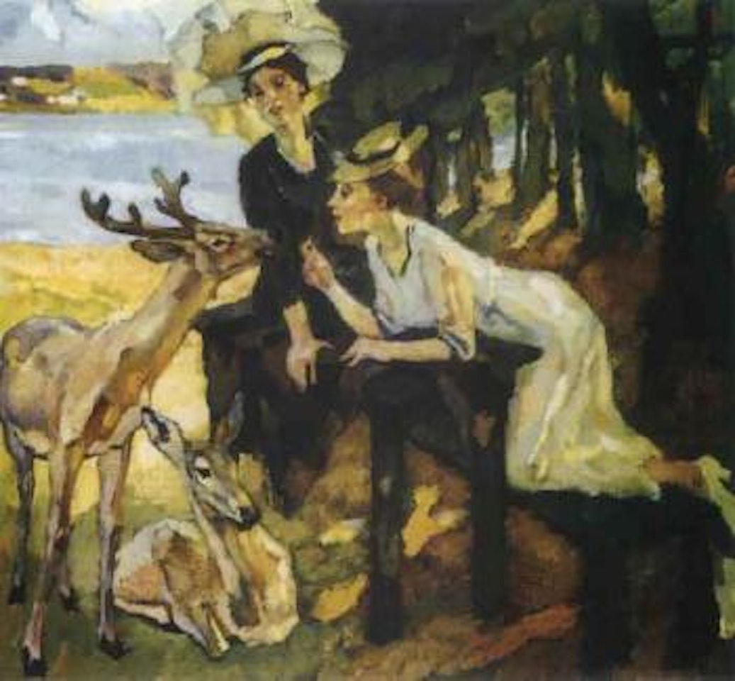 Jeune femme nourrissant un jeune cerf by Leo Putz