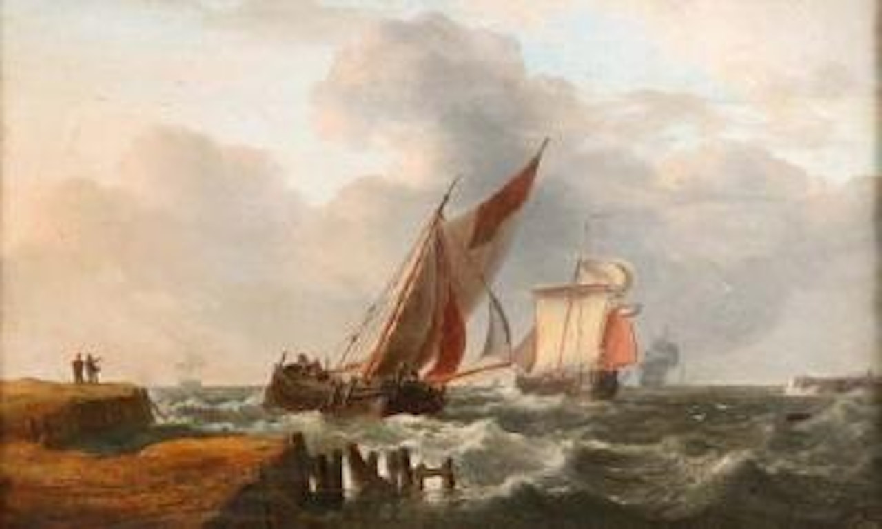 Fishing boats off a harbour by Charles Martin Powell