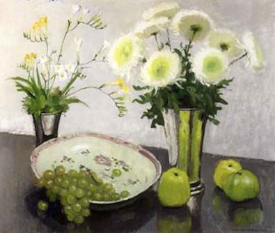 Still life of flowers, fruit and dish by Olle Hjortzberg
