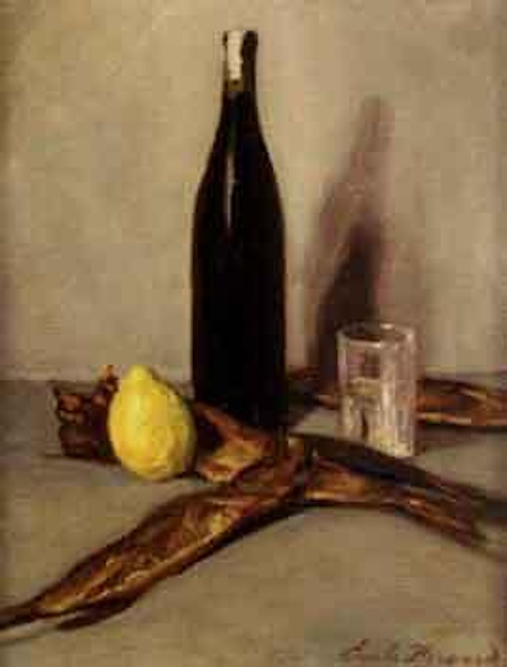 Still life of fish, bottles and lemon by Emile Bernard