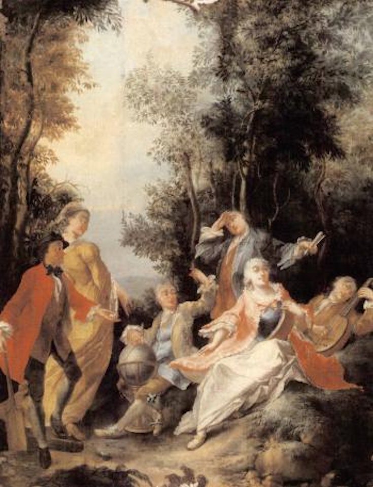 Elegant company with a gentleman playing the lute by German School