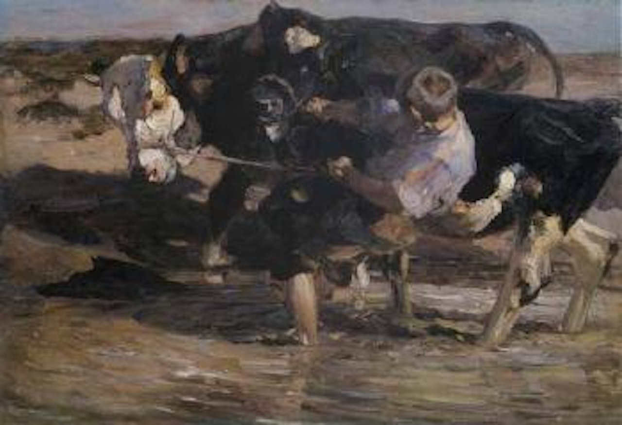 Lad wrestling with two cattle in Altrhein by Heinrich von Zugel
