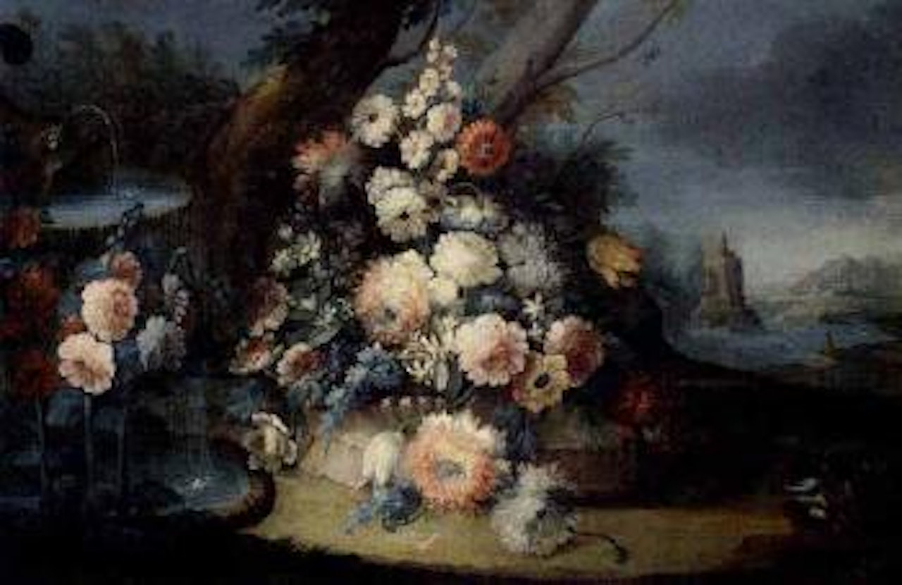Still life of flowers in a landscape. Still life of flowers with stone vase by Gasparo Lopez