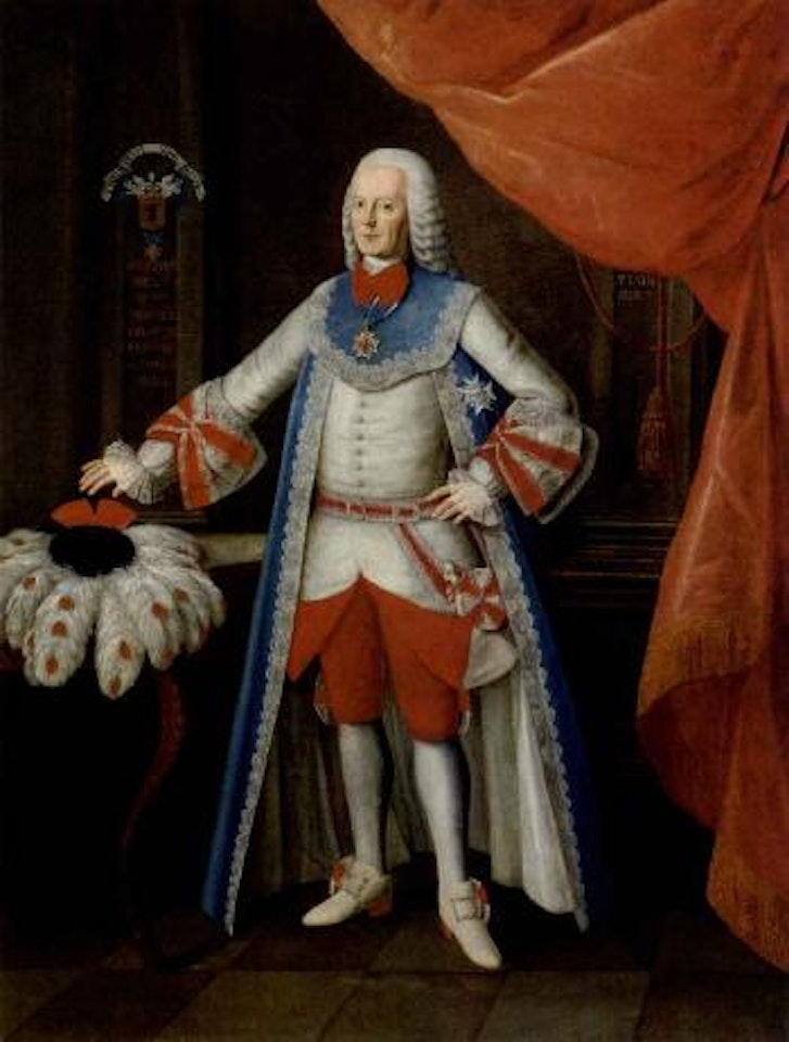Portrait of Andreas Graf von Capris wearing full robes, standing full-length, wearing the full robes of the Bavarian order or St. George by German School
