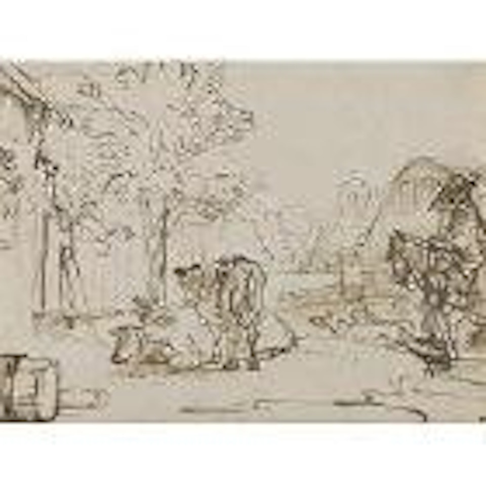 Village street with horse and rider with dogs and cows by Attributed to Rembrandt Harmensz van Rijn
