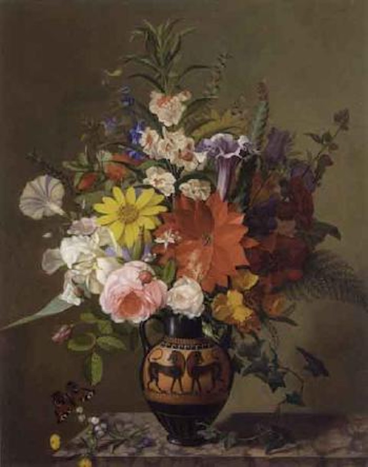 Flower still life with Greek vase by Adolf Senff