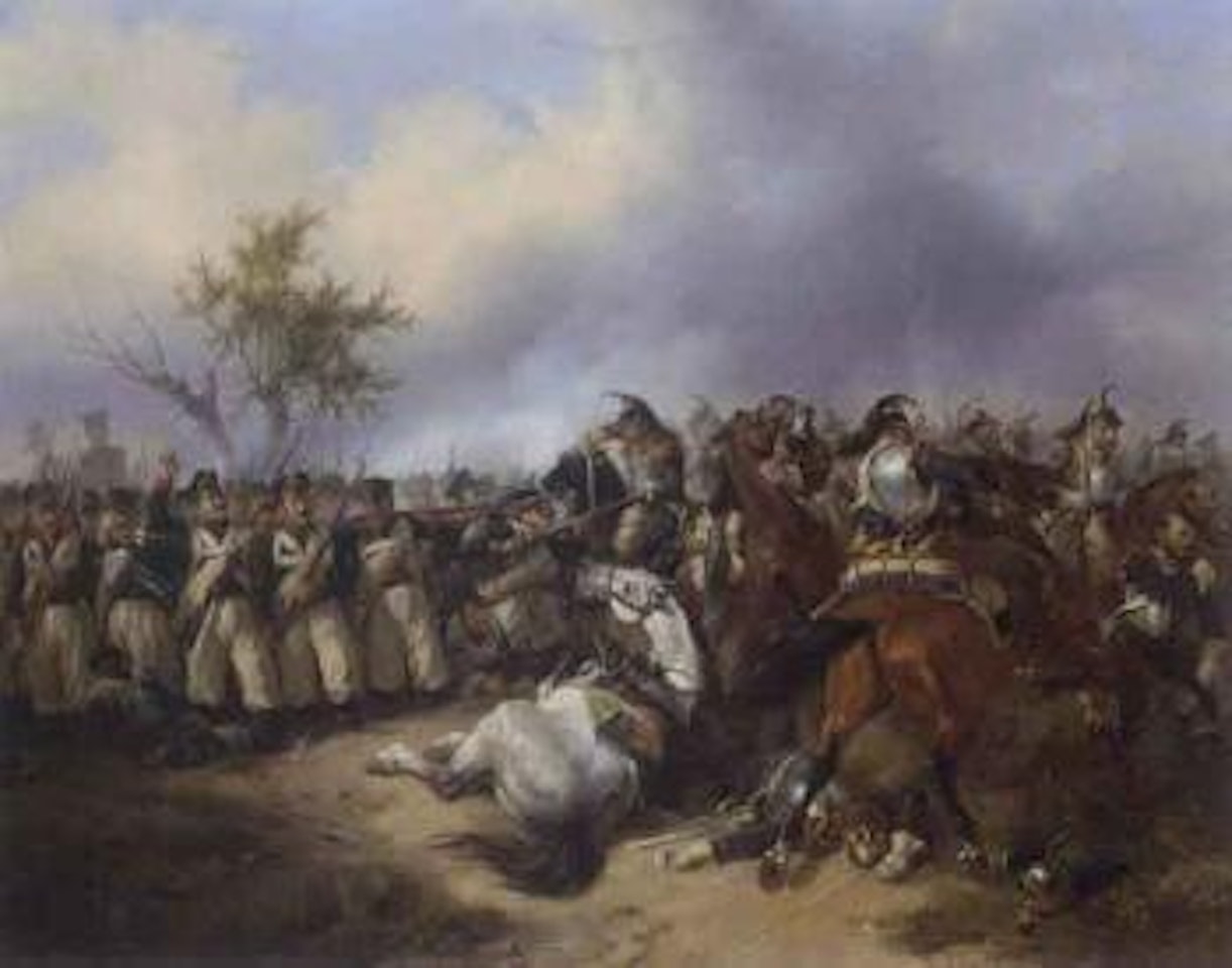 Battle scene with cavalry charging infantry by German School