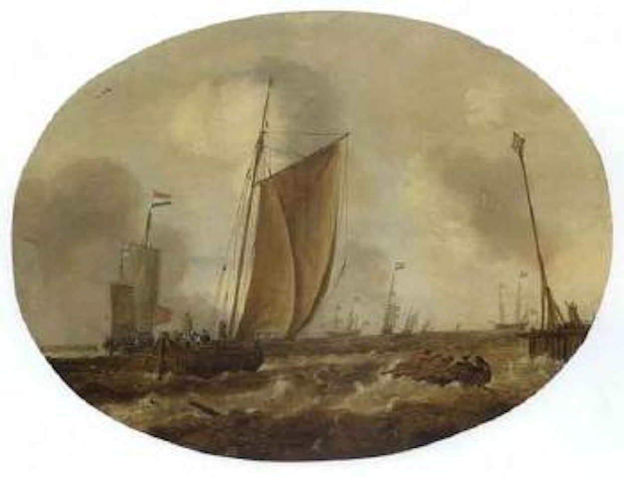 Ships and frigates in choppy waters, light beacon at end of pier by Dutch School