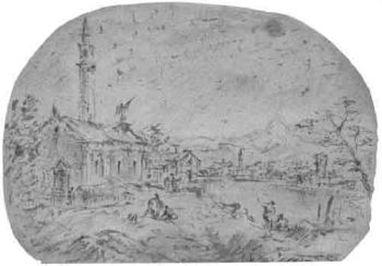 Landscape with church and fishermen by Francesco Guardi