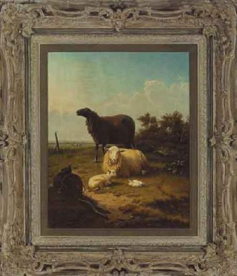 Sheep resting with chickens against a pastoral landscape by Eugène Joseph Verboeckhoven